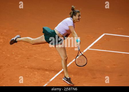 Stuttgart, 21.. April 2022. Tennisspielerin Aryna Sabalenka beim Porsche Tennis Grand Prix 2022 in Stuttgart am Donnerstag, 21. April 2022 in Aktion © Jürgen Hasenkopf / Alamy Live News Stockfoto