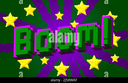 Boom pixeliertes Wort mit geometrischem grafischem Hintergrund. Vektorgrafik Cartoon-Illustration. Stock Vektor