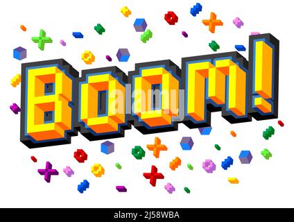 Boom pixeliertes Wort mit geometrischem grafischem Hintergrund. Vektorgrafik Cartoon-Illustration. Stock Vektor