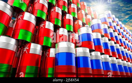 Ölfässer mit Flaggen von Russland und Oman - 3D Abbildung Stockfoto