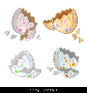 Cute Cartoon geknackt Dinosaurier Eier in verschiedenen Formen und Farben gesetzt. Vektordarstellung auf weißem Hintergrund isoliert. Für Druck, Design, Karten, st Stock Vektor