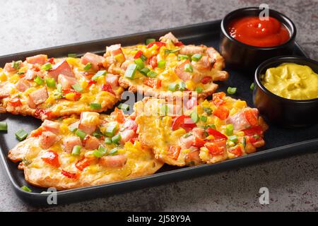 Leckere Fritten mit Schinken und Gemüse Nahaufnahme auf einem Teller auf dem Tisch. Horizontal Stockfoto