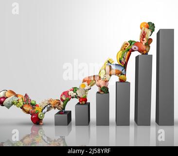 Steigende Lebensmittelpreise und steigende Lebensmittelkosten mit steigenden Supermarktlebensmitteln als Inflationskonzept für die Finanzkrise als Finanzkurve. Stockfoto