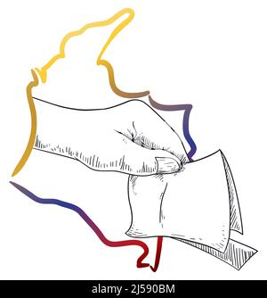 Die Karte Kolumbiens mit dreifarbigen Flaggen, die eine Stimme in handgezeichneter Form in der Hand halten und für das Wahlrecht während der Wahlen in Kolumbien bereit sind. Stock Vektor