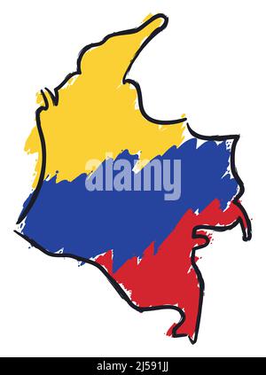 Die Karte Kolumbiens ist mit gelben, blauen und roten Farben wie Pinselstrichen gemalt. Stock Vektor