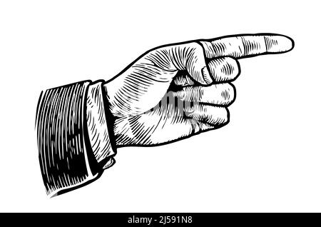 Retro-Zeigehand. Handgezeichnete Skizze im Vintage-Stil. Vektorgrafik Stock Vektor