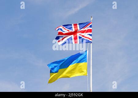 Eine ukrainische und britische Union Jack-Flagge, die auf demselben Fahnenmast gegen einen blauen Himmel fliegt und Solidarität gegen den Krieg in der Ukraine zeigt Stockfoto