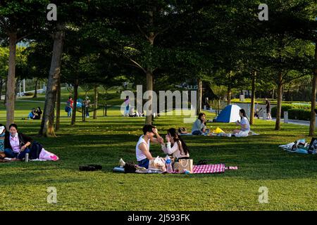 Hongkong, China. 21. April 2022. Die Leute treffen sich und picknicken im Park. Hongkong lockerte einige seiner härtesten Maßnahmen zur sozialen Distanzierung am Donnerstag strömten viele Menschen in Einkaufszentren, Parks, Fitnessstudios und Restaurants, die nun zum ersten Mal seit mehr als drei Monaten zum Abendessen geöffnet haben. (Bild: © Keith Tsuji/ZUMA Press Wire) Stockfoto