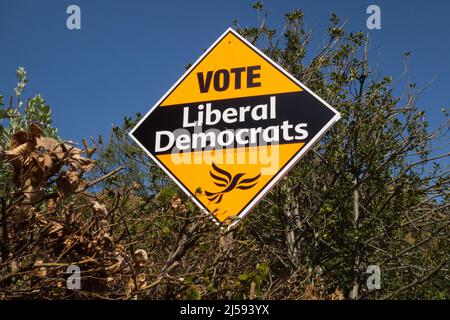 Abstimmung Liberaldemokratische lokale Wahlpartei politische Banner und Hetze in Barnes, Südwestlondon, Richmond upon Thames, London, England Stockfoto