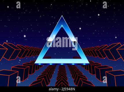 Synthwave-Rahmen mit Chrom-Dreieck und 80s Stil Synthwave Arcade-Spiel Landschaft. Stock Vektor