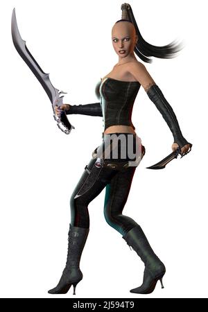 Fantasy Warrior Mädchen, bewaffnet mit Schwertern, 3D Illustration Stockfoto