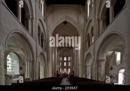 Cerisy-la-Forêt, Normandie, Abteikirche Innenraum nach Osten mit dreizonigem Wandaufbau Sterngewölbe des 14. Jhd in der Apsis und nachträglich verstar Stockfoto