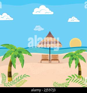 Paar Stühle mit Sonnenschirm am Strand Sommerurlaub Reise Landschaft Vektor Stock Vektor