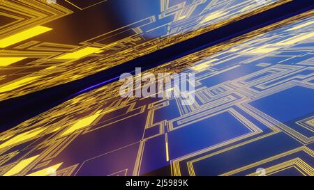 Futuristische Leiterplatten Hintergrund in Weitwinkelperspektive, 3D Rendering Stockfoto