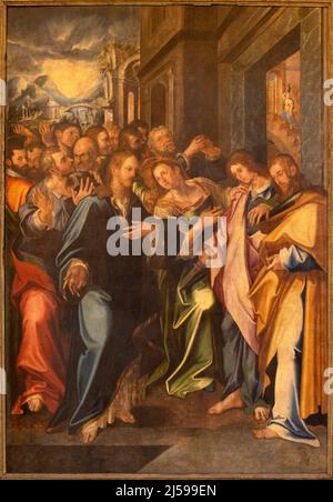 MONOPOLI, ITALIEN - 5. MÄRZ 2022: Das Renaissance-Gemälde von Jesus und den Söhnen des Zebedäus in der Kirche Basilica di Maria Santissima della Madia Stockfoto