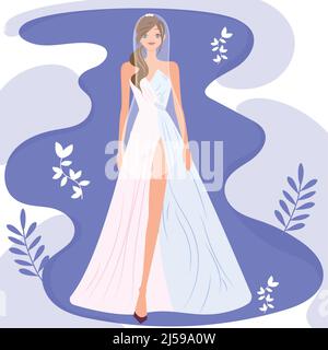 Hübsches Mädchen Cartoon-Figur auf Hochzeitskleid Hochzeit farbige Vorlage Vektor Stock Vektor