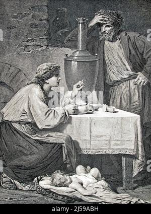 Ein antiker Stich 'Russian Peasants Home', der von Robert Bell nach einem Gemälde von Adolphe Yvon vom Verleger George Barrie's International Gallery of Prints, 1886 graviert wurde. Stockfoto