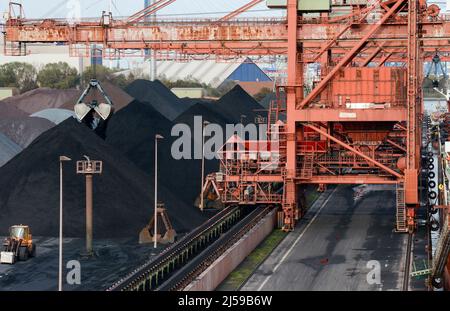 Deutschland, Hamburg, Hansaport Import von Kohle und Erz, Entladung von Steinkohle mit großer Baggerschaufel / DEUTSCHLAND, Hamburg, Hansaport, Import von Kohle u.a. aus Russland, Kolumbien, Australien..., Lagerung und Transport zu Kraftwerken und Stahlwerken Stockfoto