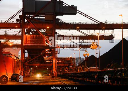 Deutschland, Hamburg, Hansaport Import von Kohle und Erz, Entladung von Steinkohle vom Bulk Carrier / DEUTSCHLAND, Hamburg, Hansaport, Import von Kohle aus Rußland, Kolumbien etc., Entladung von Steinkohle von einem Frachter Stockfoto
