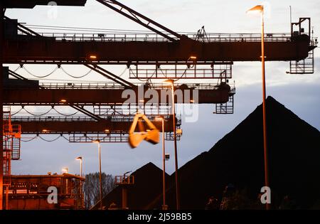 Deutschland, Hamburg, Hansaport Import von Kohle und Erz, Entladung von Steinkohle vom Bulk Carrier / DEUTSCHLAND, Hamburg, Hansaport, Import von Kohle aus Rußland, Kolumbien etc., Entladung von Steinkohle von einem Frachter Stockfoto