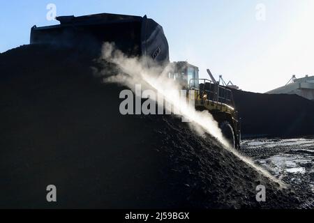 Deutschland, Hamburg, Hansaport Import von Kohle für Stahlwerke und Kohlekraftwerke, Kohlespeicher im Hafen / DEUTSCHLAND, Hamburg, Hansaport, Import von Kohle aus Rußland, Kolumbien etc., Lagerung und Transport zu Kraftwerken und Stahlwerken Stockfoto