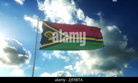 Flagge von Vanuatu winkt dem Wind entgegen dem wunderschönen blauen Himmel. 3D Rendern Stockfoto