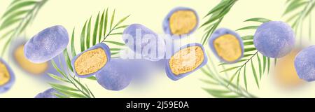 Japanische Reiskuchen schweben in der Luft. Eine konzeptuelle Komposition aus fliegenden Mochi und grünen Palmenblättern auf einem rosa Hintergrund. Asiatische Küche, asiatische Süße Stockfoto