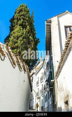Albaicin, Granada, Spanien - weiße Wände von Häusern Gebäude in engen gepflasterten Straßen. Stockfoto
