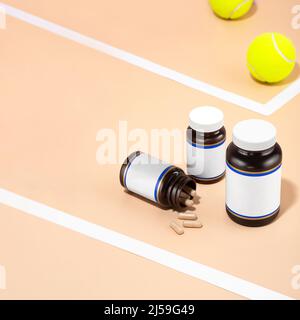 Glasfläschchen mit naturfarbenen Chondroprotektor-Kapseln liegen auf dem Tennisplatz. Heilung von Gelenkverletzungen. Nahrungsergänzungsmittel für ältere Menschen Stockfoto