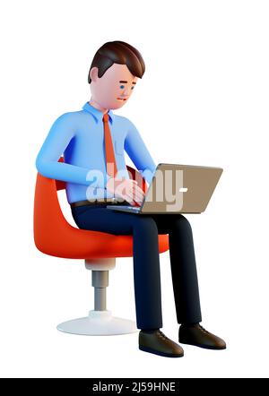 3D Mann mit Laptop, der im Sitzen arbeitet Stockfoto