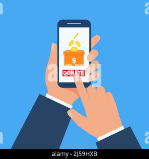 Hand hält Smartphone und macht Online-Spende. Geld in die Spendenbox im flachen Design stecken. Eps 10 Stock Vektor