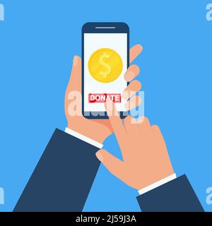 Hand hält Smartphone und macht Online-Spende. Geld in die Spendenbox im flachen Design stecken. Eps 10 Stock Vektor