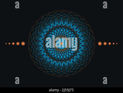 Heilige Geometrie Mandala, blaue Blume Gold meditative Kreis-Ikone, geometrisches Logo Design, mystische religiöse Rad, indische Chakra Konzept, Vektor-Zeichen Stock Vektor