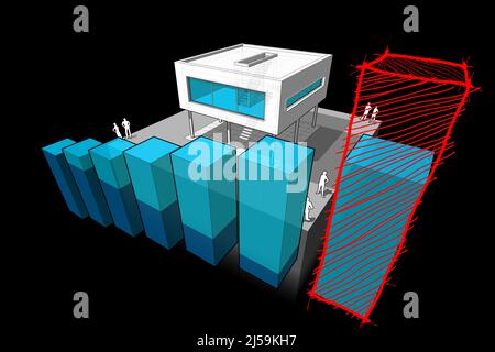 Diagramm eines modernen Hauses mit aufsteigendem abstrakten Geschäftsdiagramm und handgezeichneter Skizze über der letzten Diagrammleiste Stockfoto