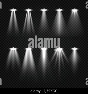 Weiße Lichtstrahler, Scheinwerfer isoliert auf dunklem transparenten Hintergrund. Scheinwerfer beleuchtet für Abbildung der Showbeleuchtung Stock Vektor