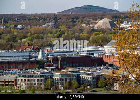 Das Einkaufszentrum Westfield Centro, Neue Mitte, im hinteren Olga Park mit dem verwinkelten Turm der ehemaligen Kolonie Osterfeld, im hinteren Teil die Hanie Stockfoto