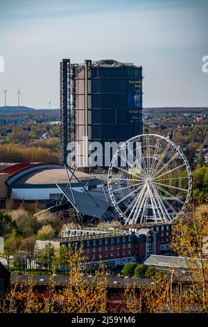 Neue Mitte Oberhausen, Gasometer-Ausstellungshalle, Riesenrad im Einkaufszentrum Westfield Centro, Rudolf Weber Arena, NRW, Deutschland, Stockfoto