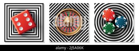 Realistische Casino Elemente Sammlung mit roten Würfel Roulette Rad bunt Chips auf Quadraten Diamanten Kreise Hintergründe isoliert Vektor Illustration Stock Vektor
