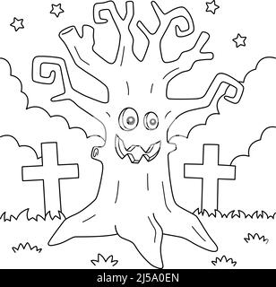 Scary Tree Halloween Malseite für Kinder Stock Vektor