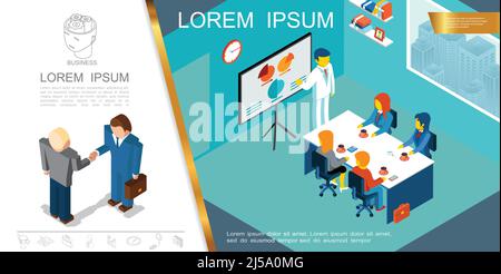 Isometrisches Business Management Konzept mit Menschen nehmen an der Konferenz Teil Und Geschäftsleute schütteln Hände Vektor-Illustration Stock Vektor
