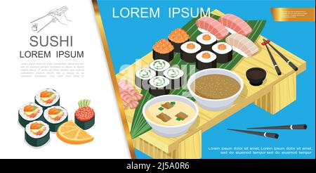 Isometrische asiatische Essenskomposition mit Sushi und Sashimi verschiedenen Zutaten Seetang Sojasauce Wasabi Suppe Essstäbchen auf Tabelle Vektor-Illustration Stock Vektor