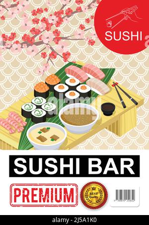 Isometrisches Sushi-Bar-Poster mit Rollen Sashimi Schüsseln von Suppen sojasauce Seetang Essstäbchen auf Tisch Sakura Kirschblüte Zweig vektorgrafik Stock Vektor