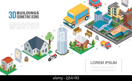 Isometrische Stadtbild Elemente Sammlung mit Stadtgebäuden Wolkenkratzer Vorstadthäuser Fahrzeuge Abfallbäume Bänke Vektor-Illustration Stock Vektor