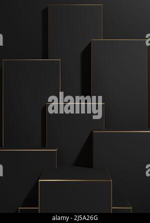 Schwarz, dunkelgrau, schwarz und weißproduktdisplay 3D Rendering einfacher, minimalistischer, geometrischer Hintergrund Produktdisplay Sockel goldene Linien für Luxus p Stockfoto
