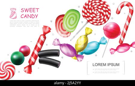 Realistische süße Bonbons Kollektion mit Lollipop Bonbons Bonbon Zuckerrohr Marmelade Jelly Gums Lakritz Vektorgrafik Stock Vektor