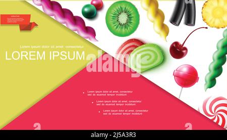 Realistische süße Produkte Zusammensetzung mit Kirsche Kiwi Ananas Stücke Obst Bonbons Gums Lollipops Marmelade Süßholz Vektorgrafik Stock Vektor