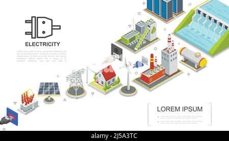 Isometrisches Elektrizitätskonzept mit Wasserkraft- und Brennstoffkraftwerken Biomasse Energie Fabrik Gas Halter Haus Windmühle Solar-Panel elektrische Transfo Stock Vektor