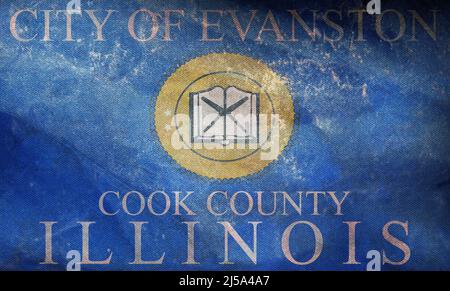 Draufsicht auf die Retro-Flagge von Evanston, Illinois, ungebundene Staaten von Amerika mit Grunge-Struktur. USA Patriot und Reisekonzept. Kein Fahnenmast. Ebenendesign, Stockfoto