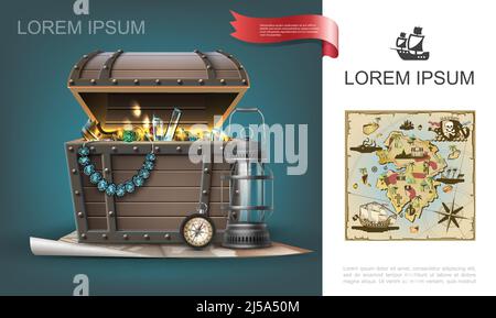 Sea Treasures buntes Konzept mit realistischer Brust aus Edelsteinen Gold Münzen Juwelen Navigationskompass Laterne und handgezeichnete Piraten-Karte vektorgrafiken Stock Vektor