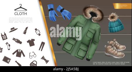 Realistische Herrenbekleidung Konzept mit Jacke Sneakers gestrickte Hut Handschuhe Männliche Kleidung und Zubehör Symbole Vektor Illustration Stock Vektor
